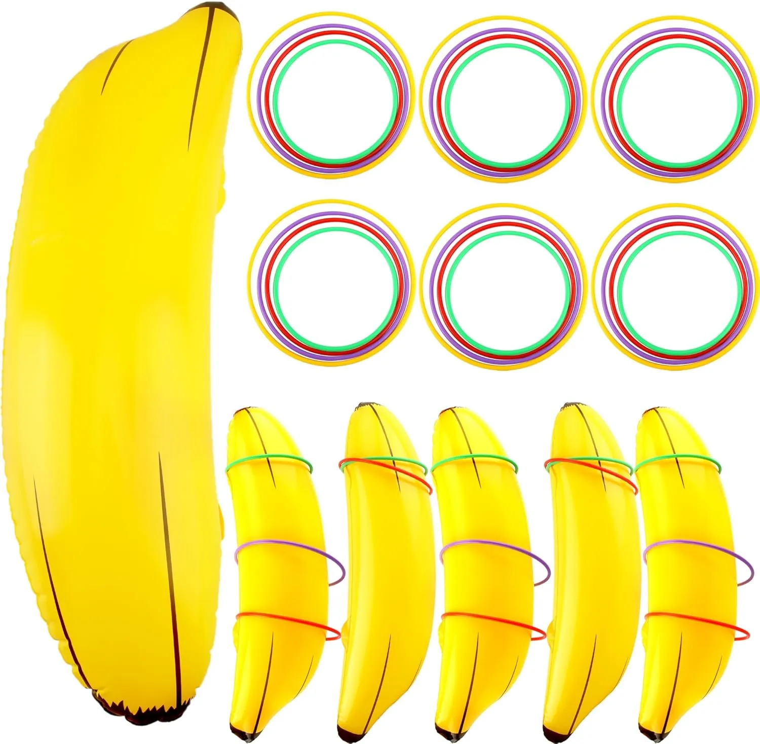 6 Set Inflatable Banana Ring Toss Game Includes 6 Pcs Inflatable Bananas 24 Pcs Plastic Ring Toss for Summer Pool Bachelor Party Game Bridal Shower Engagement Party Decor