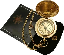 Antique Brass Compass Hiking, Camping Navigational Nautical Vintage Style Compass with Chain Leather Case Home Decorable Lightweight Ideal for Gifting by ARTISTERIO