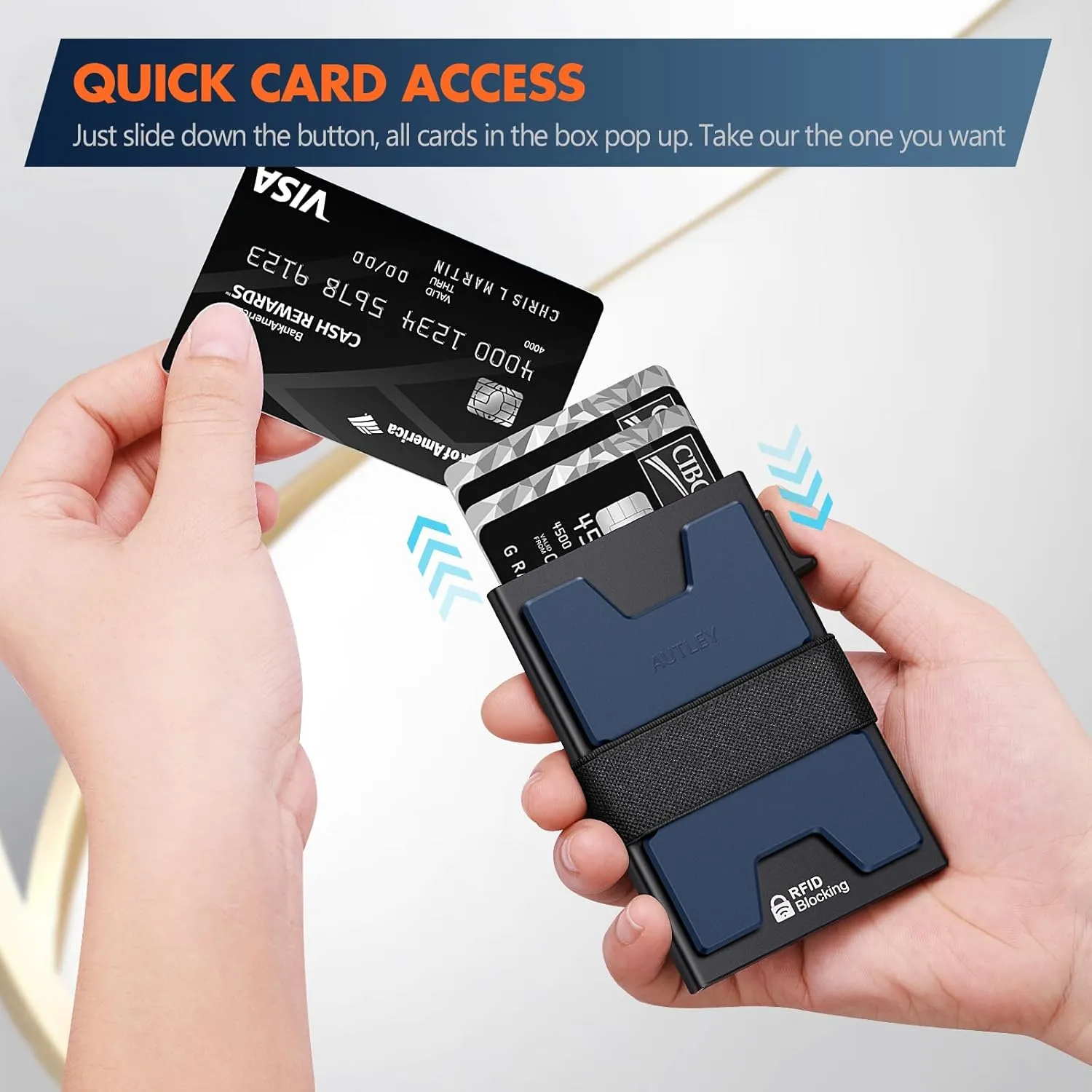 AUTLEY Slim Wallet For Men, Rfid Blocking Mens Wallet, Minimalist Wallet For Men, Pop Up Credit Card Holder with Cash Band (Blue Black)
