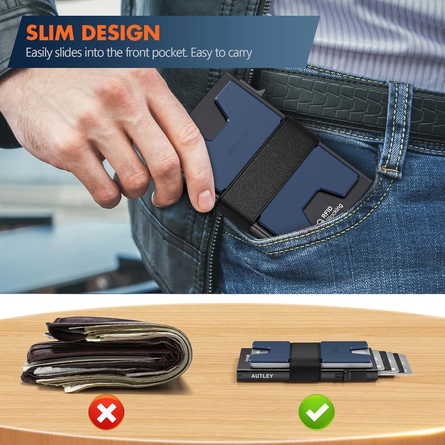 AUTLEY Slim Wallet For Men, Rfid Blocking Mens Wallet, Minimalist Wallet For Men, Pop Up Credit Card Holder with Cash Band (Blue Black)