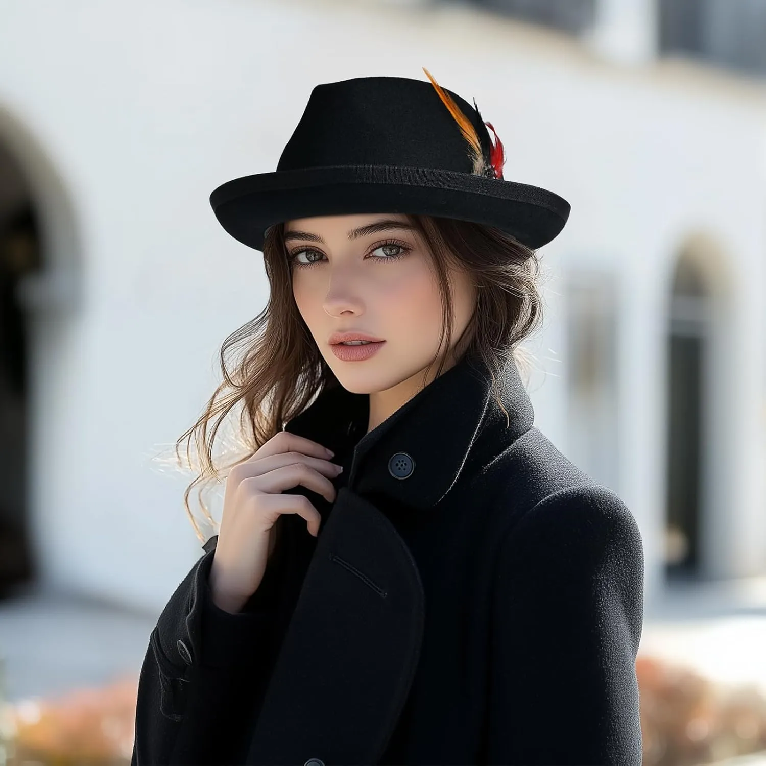 Black Wool Fedora Hat for Men Wide Brim Felt Fedora Hats Mens Trilby Hats with Rolled Brim Classic Panama Dress Hats