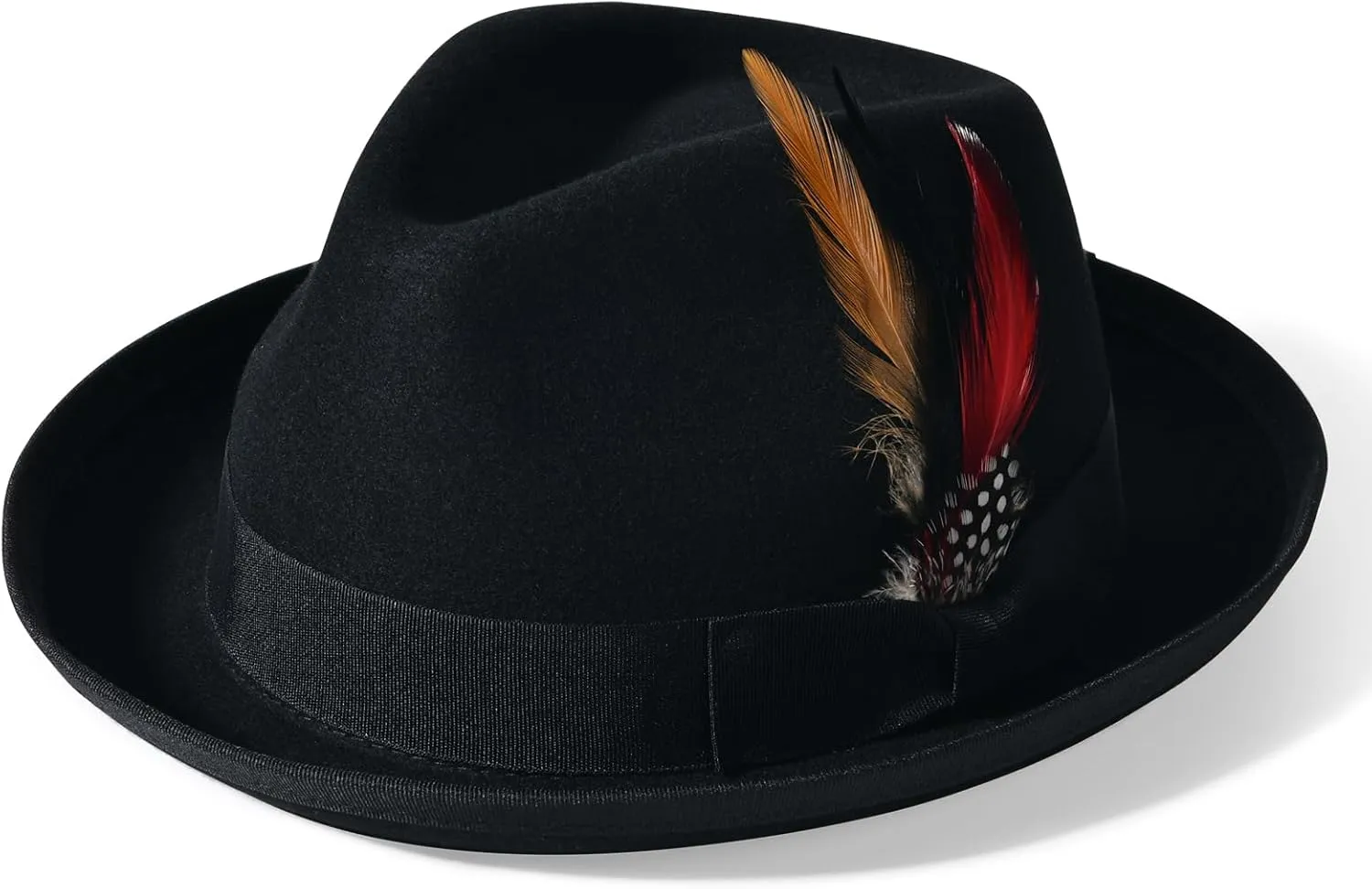 Black Wool Fedora Hat for Men Wide Brim Felt Fedora Hats Mens Trilby Hats with Rolled Brim Classic Panama Dress Hats
