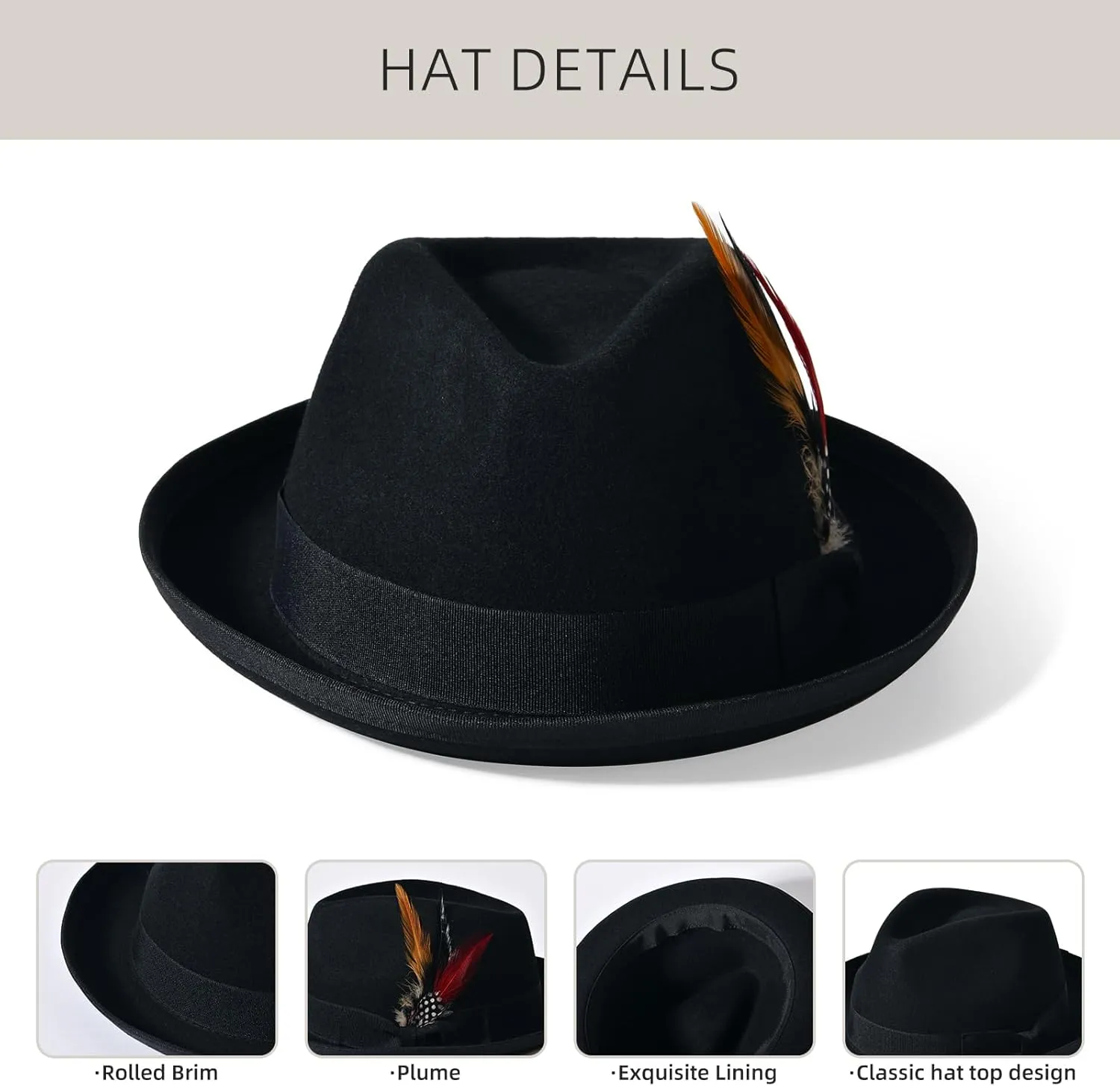 Black Wool Fedora Hat for Men Wide Brim Felt Fedora Hats Mens Trilby Hats with Rolled Brim Classic Panama Dress Hats