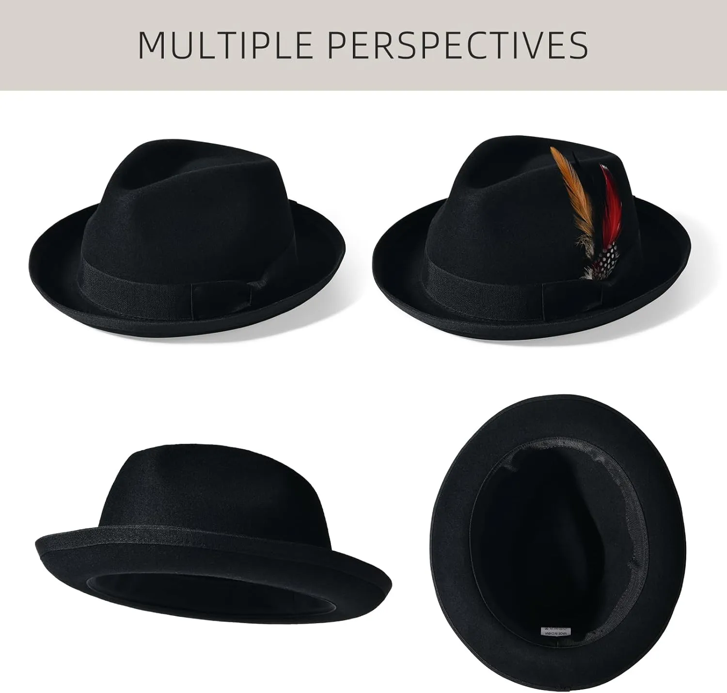 Black Wool Fedora Hat for Men Wide Brim Felt Fedora Hats Mens Trilby Hats with Rolled Brim Classic Panama Dress Hats
