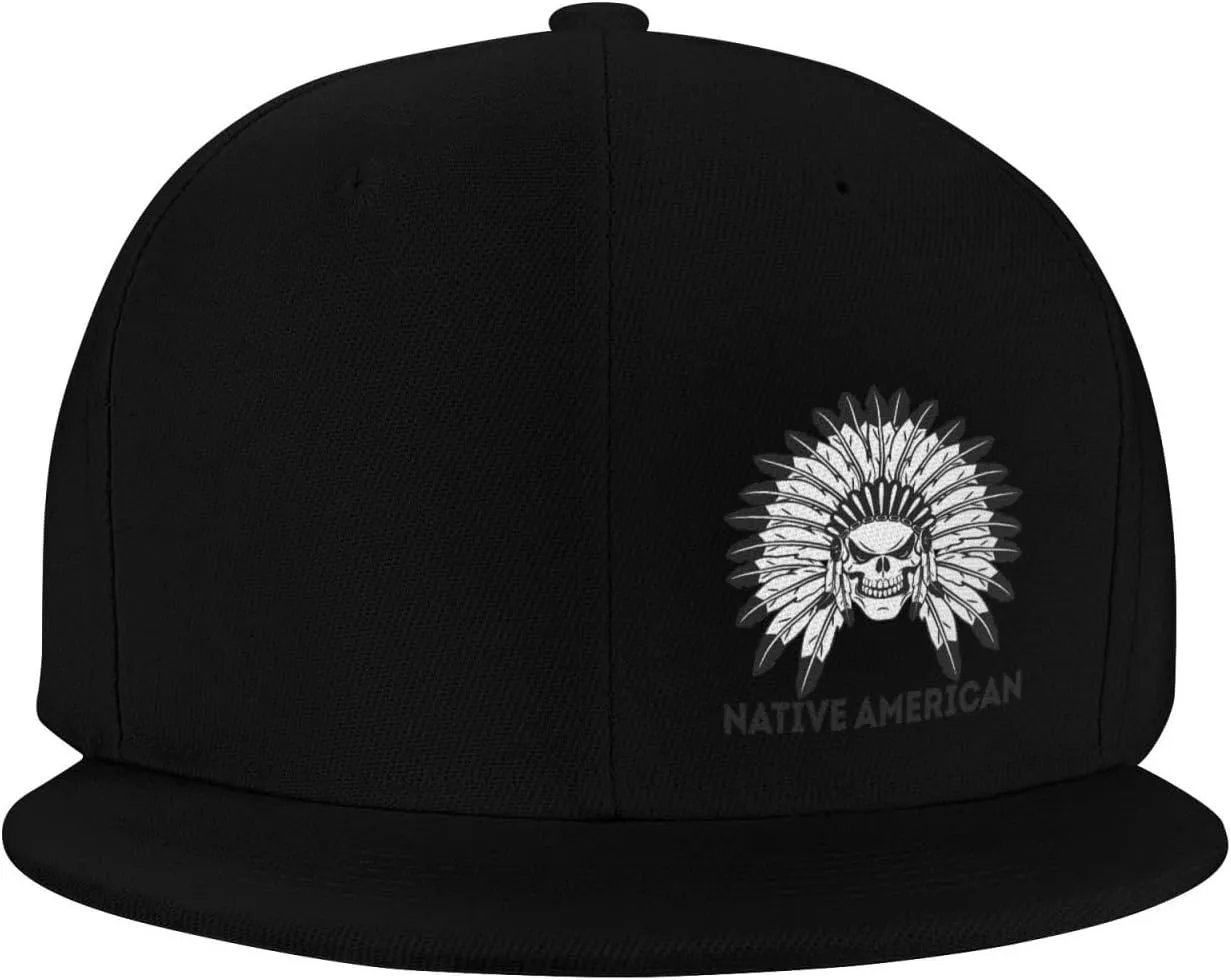 Feather Native,Native American Flat Brim Baseball Cap,Snapback Hat Adjustable Trucker Hats for Men & Women,Black