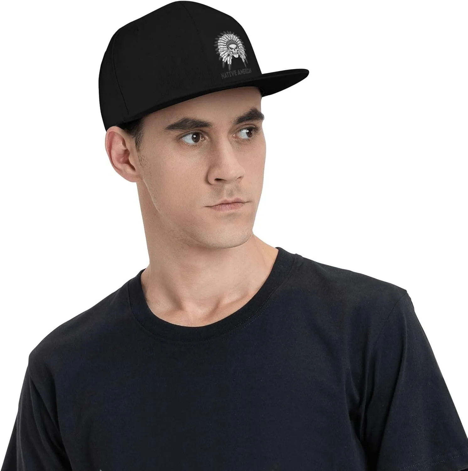 Feather Native,Native American Flat Brim Baseball Cap,Snapback Hat Adjustable Trucker Hats for Men & Women,Black