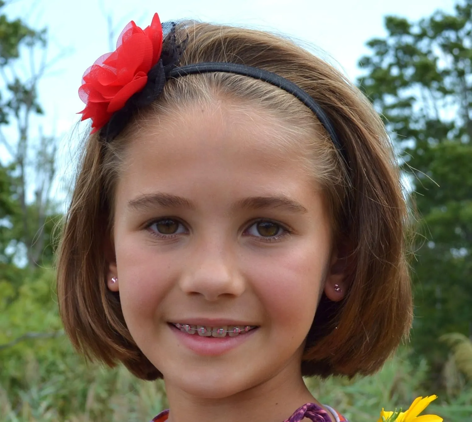 Girls Pearl Chiffon Flower Elastic Headband (DARK PINK)