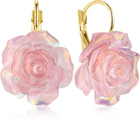 Handmade Bohemian Aesthetic Dainty Acrylic Flower Petal Leverback Earrings Sparkly 14K Gold Floral Dangle Drop Earrings for Women