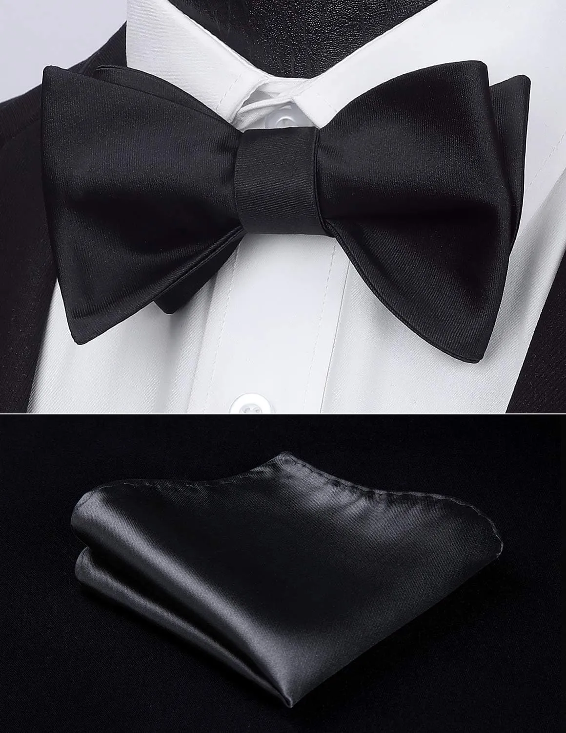 HISDERN Bow Ties for Men Solid Color Self Tie Bow Tie Pocket Square Set Classic Formal Satin Bowties for Tuxedo Wedding Party