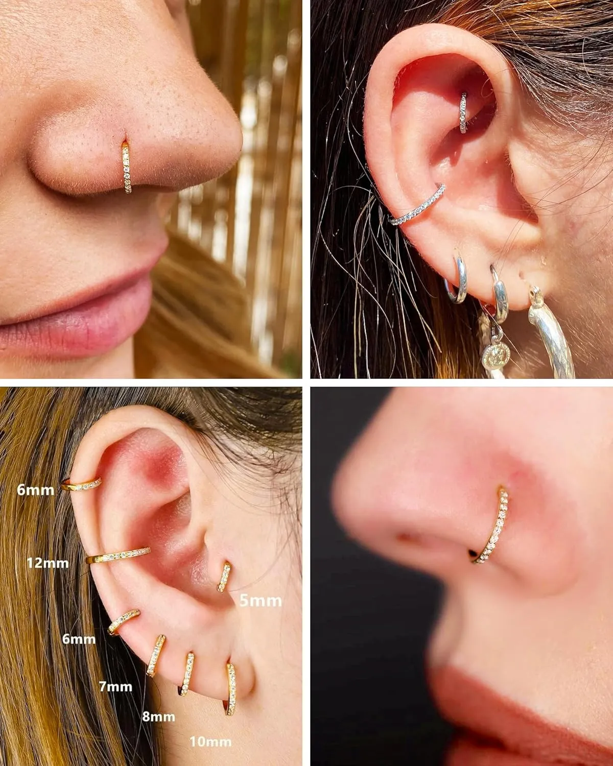 Hypoallergenic 14K Gold Plated Nose Rings Hoops - 18G Surgical Steel Cartilage Earrings Septum Jewelry Hinged Segment Ring CZ Paved Lip Rook Helix Lobe Body Piercing 8MM
