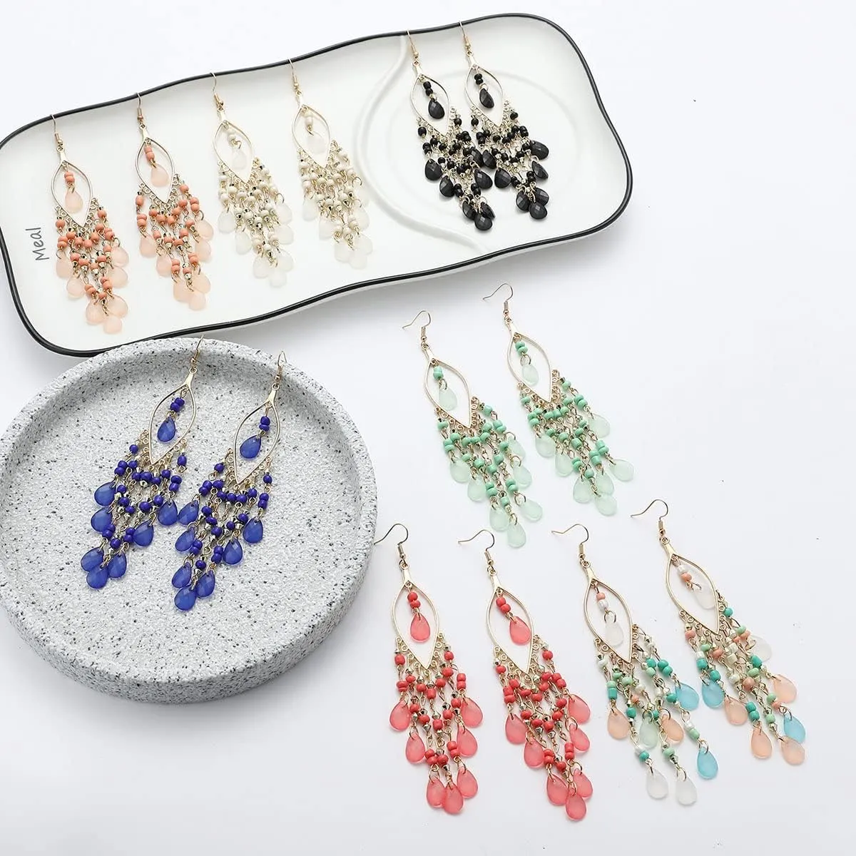 Long Beaded Tassel Earrings Bohemia Native Tassel Drop Earrings Handmade Seed Bead Tribal Dangle Earrings Boho Multicolor Crystal Beaded Tassel Earrings for Women