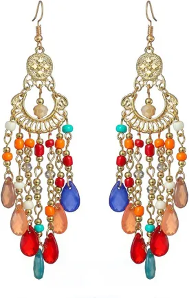 Long Beaded Tassel Earrings Bohemia Native Tassel Drop Earrings Handmade Seed Bead Tribal Dangle Earrings Boho Multicolor Crystal Beaded Tassel Earrings for Women