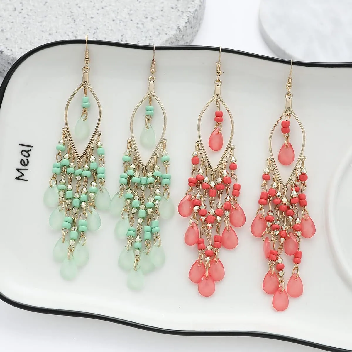 Long Beaded Tassel Earrings Bohemia Native Tassel Drop Earrings Handmade Seed Bead Tribal Dangle Earrings Boho Multicolor Crystal Beaded Tassel Earrings for Women
