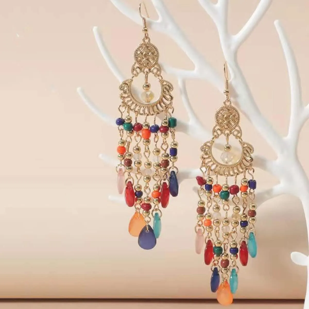 Long Beaded Tassel Earrings Bohemia Native Tassel Drop Earrings Handmade Seed Bead Tribal Dangle Earrings Boho Multicolor Crystal Beaded Tassel Earrings for Women