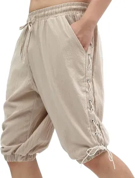 Men's Medieval Pirate Cotton and Linen Shorts, Viking Retro Design Pants, for Halloween Theme Party, Costume Playect