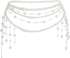 Multilayer Pearl Waist Chain Belt for Women Fashion Adjustable Big Pearls Belt Chain Pearls Tassel Belly Body Chain Prom Rave Body Accessories Jewelry for Dresses Jeans