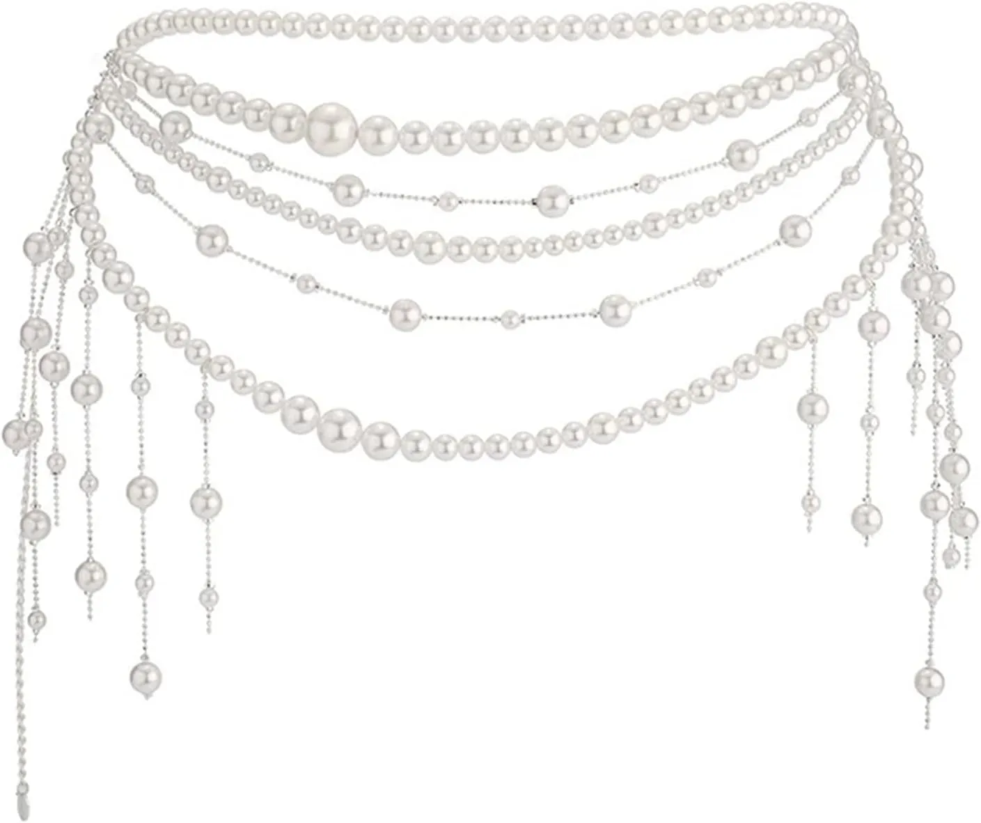 Multilayer Pearl Waist Chain Belt for Women Fashion Adjustable Big Pearls Belt Chain Pearls Tassel Belly Body Chain Prom Rave Body Accessories Jewelry for Dresses Jeans