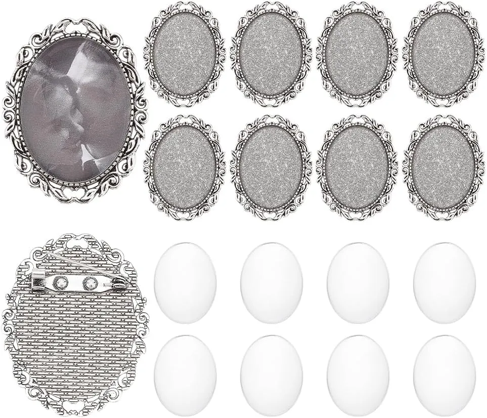 PH PandaHall 10 Sets Brooch Cabochon Vintage Oval Cabochon Bezel Antique Silver Photo Brooch Blank Bezel with Clear Glass Cabochon Dome Memorial Photo Pins for Jewelry Making DIY Findings 51x40 mm