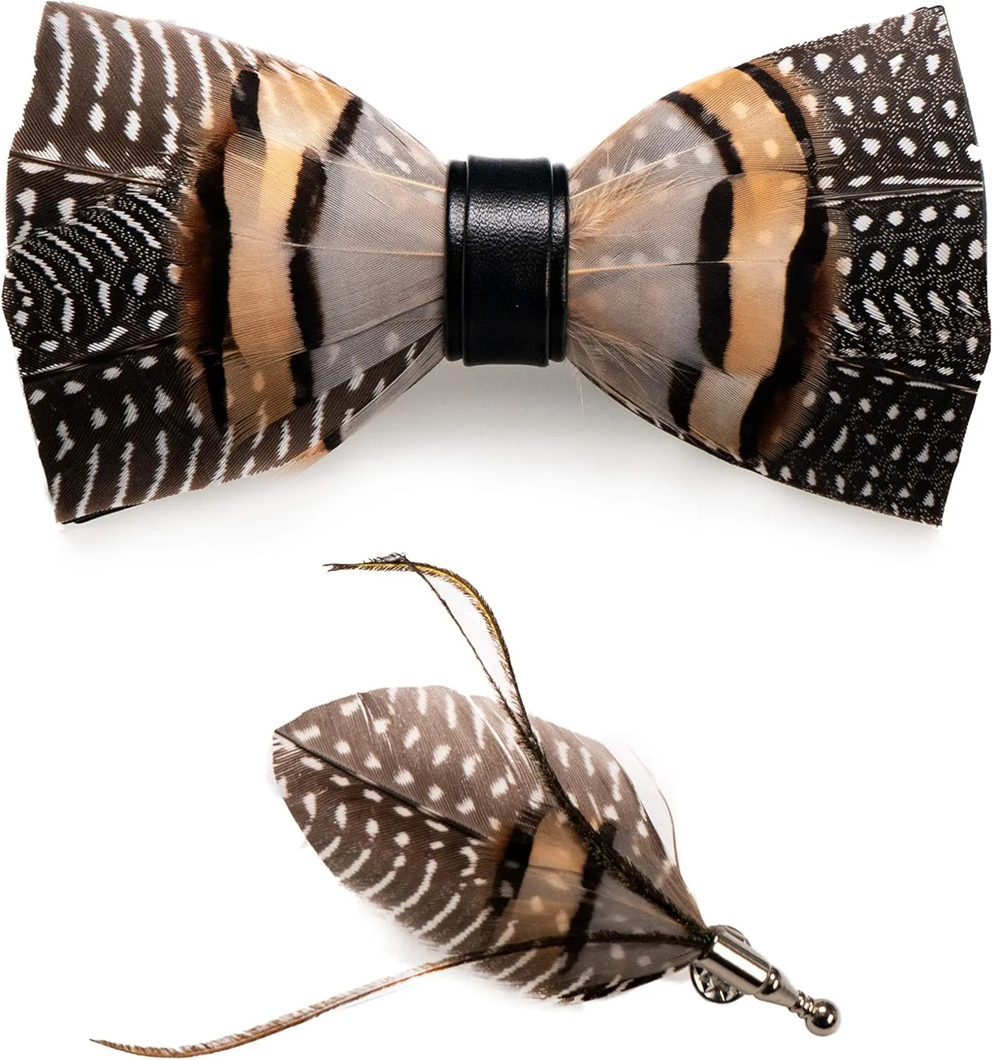 RBOCOTT Handmade Feather Pre-tied Bow tie and Brooch Sets for Men