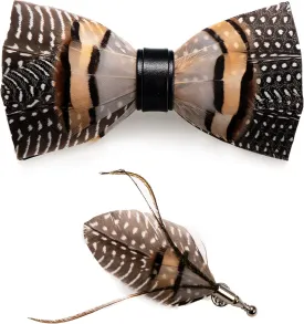 RBOCOTT Handmade Feather Pre-tied Bow tie and Brooch Sets for Men
