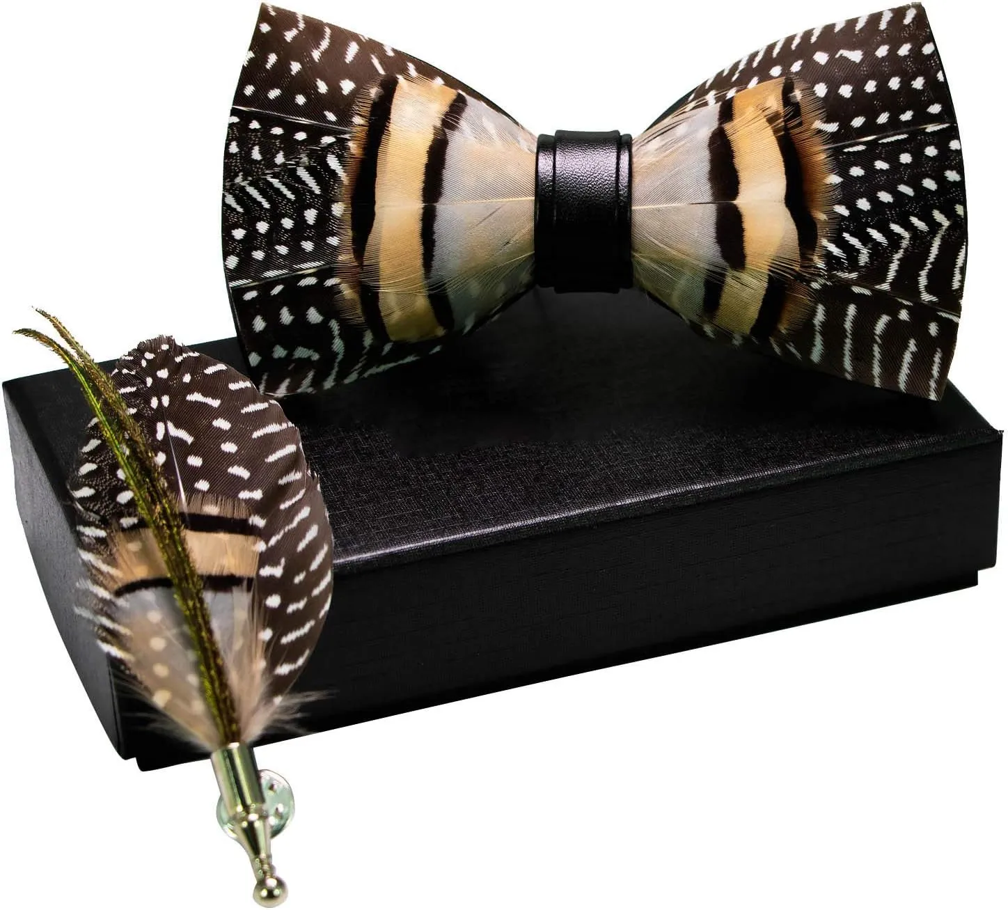 RBOCOTT Handmade Feather Pre-tied Bow tie and Brooch Sets for Men