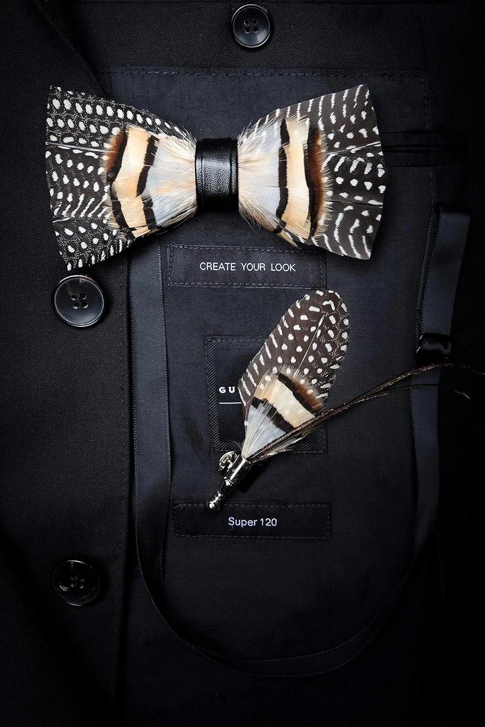 RBOCOTT Handmade Feather Pre-tied Bow tie and Brooch Sets for Men