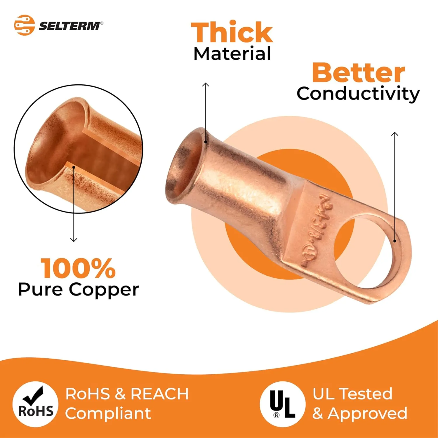 SELTERM 25pcs 4 AWG 3/8" Stud Battery Lugs, Ring Terminals, Heavy Duty Copper Wire Lugs, Battery Cable Ends, 4 Guage Ring Terminal Connectors, UL Bare Copper Eyelets Electrical Battery Cable Lugs