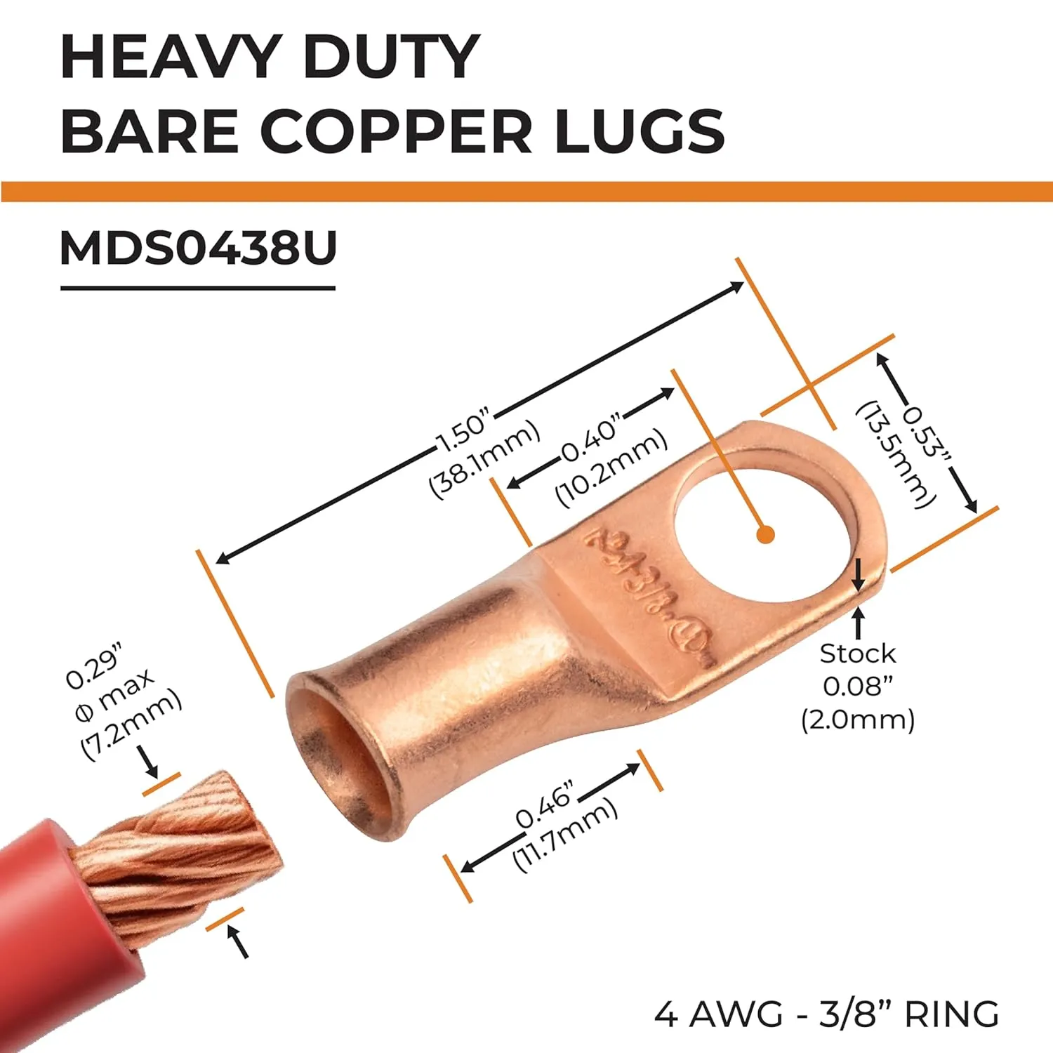 SELTERM 25pcs 4 AWG 3/8" Stud Battery Lugs, Ring Terminals, Heavy Duty Copper Wire Lugs, Battery Cable Ends, 4 Guage Ring Terminal Connectors, UL Bare Copper Eyelets Electrical Battery Cable Lugs