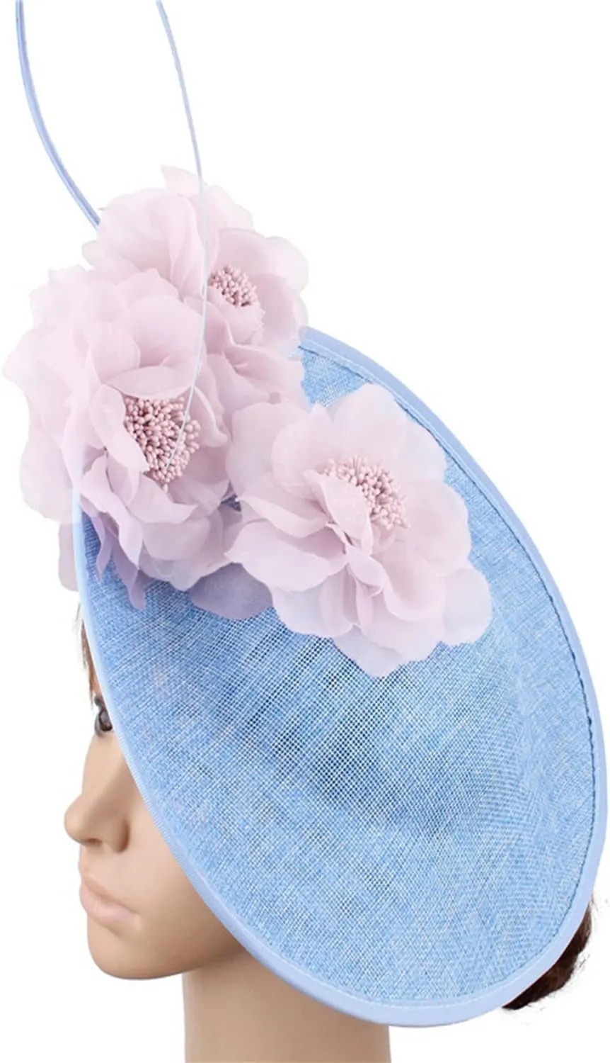 Sinamay Fascinator Hat Floral Feather Pillbox Derby Hats for Women Wedding Tea Party with Headband Clip