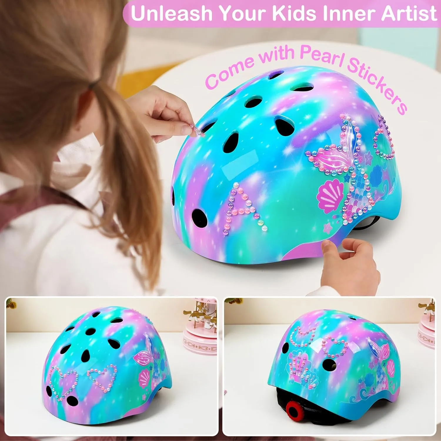 Toddler Bike Helmet Kids Helmet Knee Pads and Elbow Pads Set Adjustable Protective Gear Set with DIY Stickers for Girls Age 3-5-8 Years
