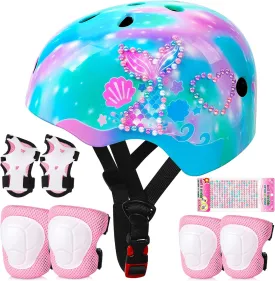 Toddler Bike Helmet Kids Helmet Knee Pads and Elbow Pads Set Adjustable Protective Gear Set with DIY Stickers for Girls Age 3-5-8 Years