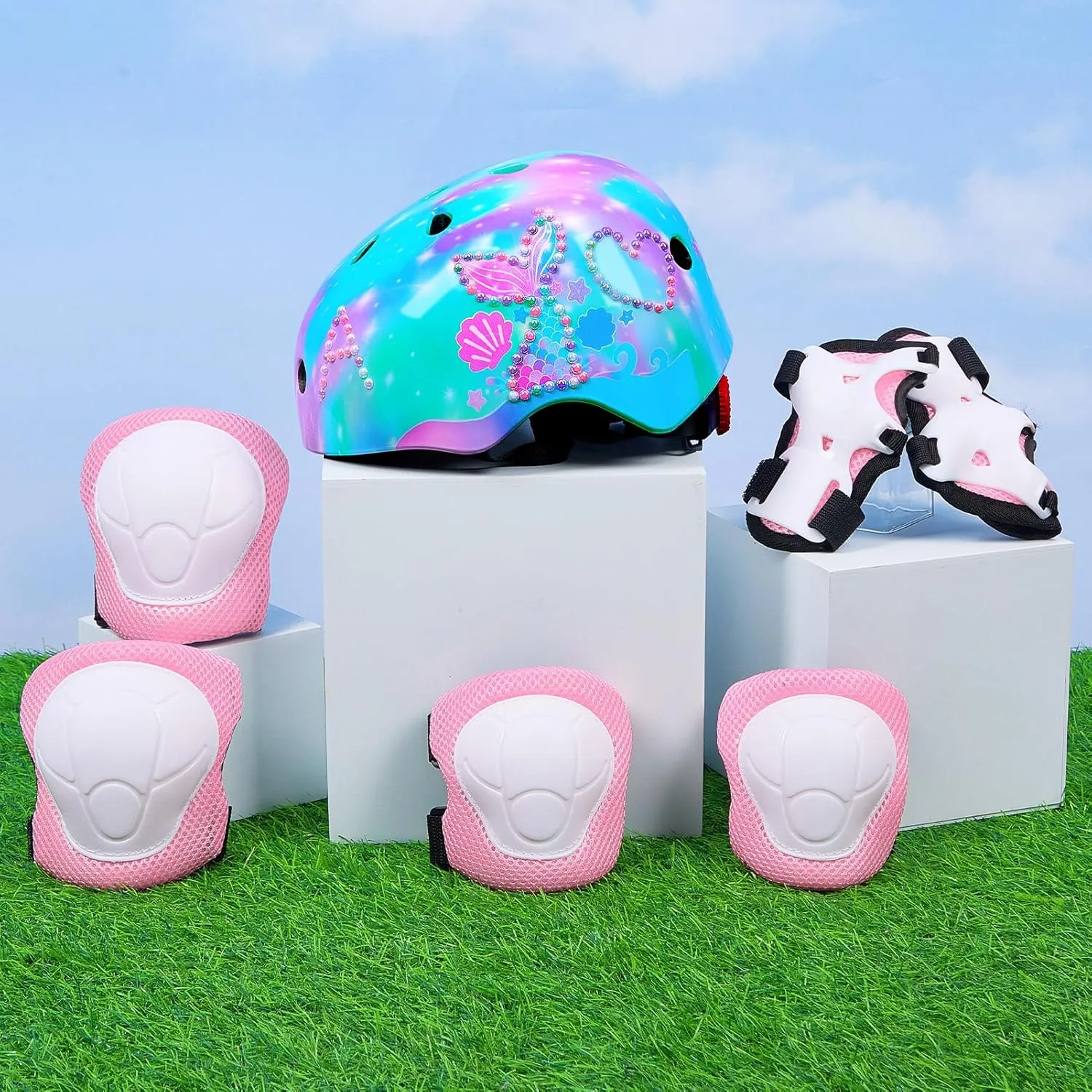 Toddler Bike Helmet Kids Helmet Knee Pads and Elbow Pads Set Adjustable Protective Gear Set with DIY Stickers for Girls Age 3-5-8 Years