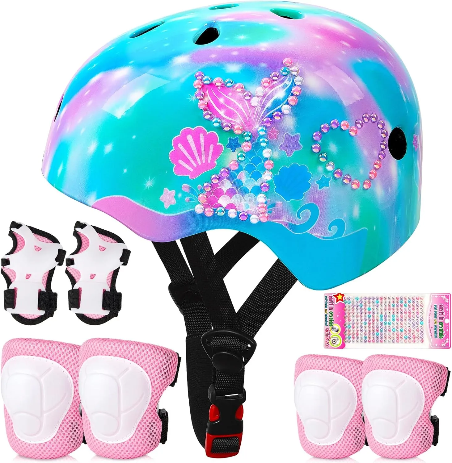Toddler Bike Helmet Kids Helmet Knee Pads and Elbow Pads Set Adjustable Protective Gear Set with DIY Stickers for Girls Age 3-5-8 Years