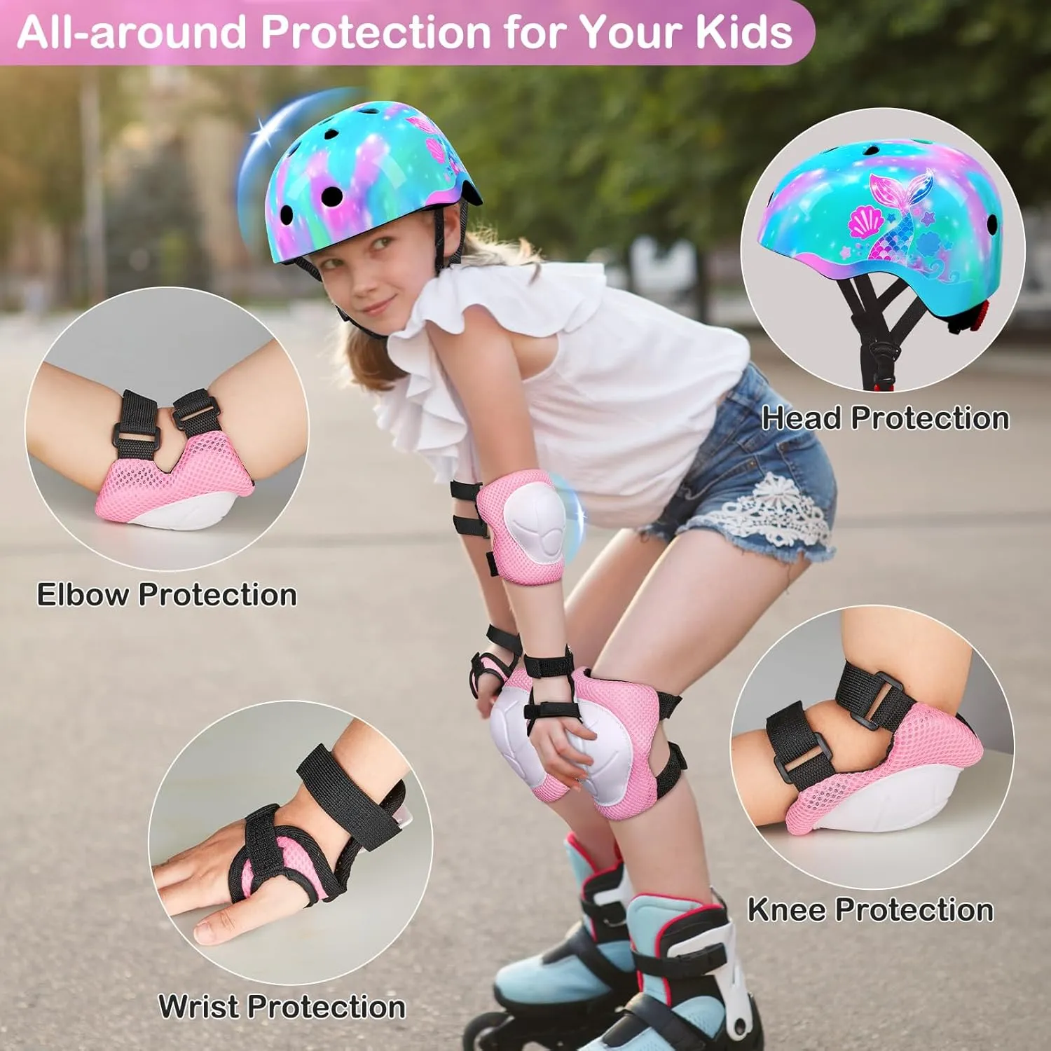 Toddler Bike Helmet Kids Helmet Knee Pads and Elbow Pads Set Adjustable Protective Gear Set with DIY Stickers for Girls Age 3-5-8 Years