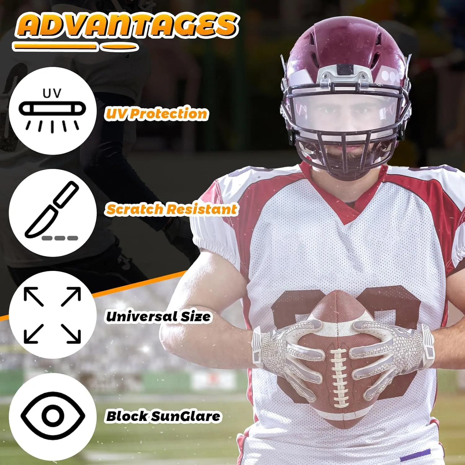 Universal Football Helmet Visor for Youth Adult Kids Football Visor for Helmet with 9 Set DIY Stickers and 2 Visor Clips Scratch Resistant Fog Lacrosse Football Eye-Shield Visor
