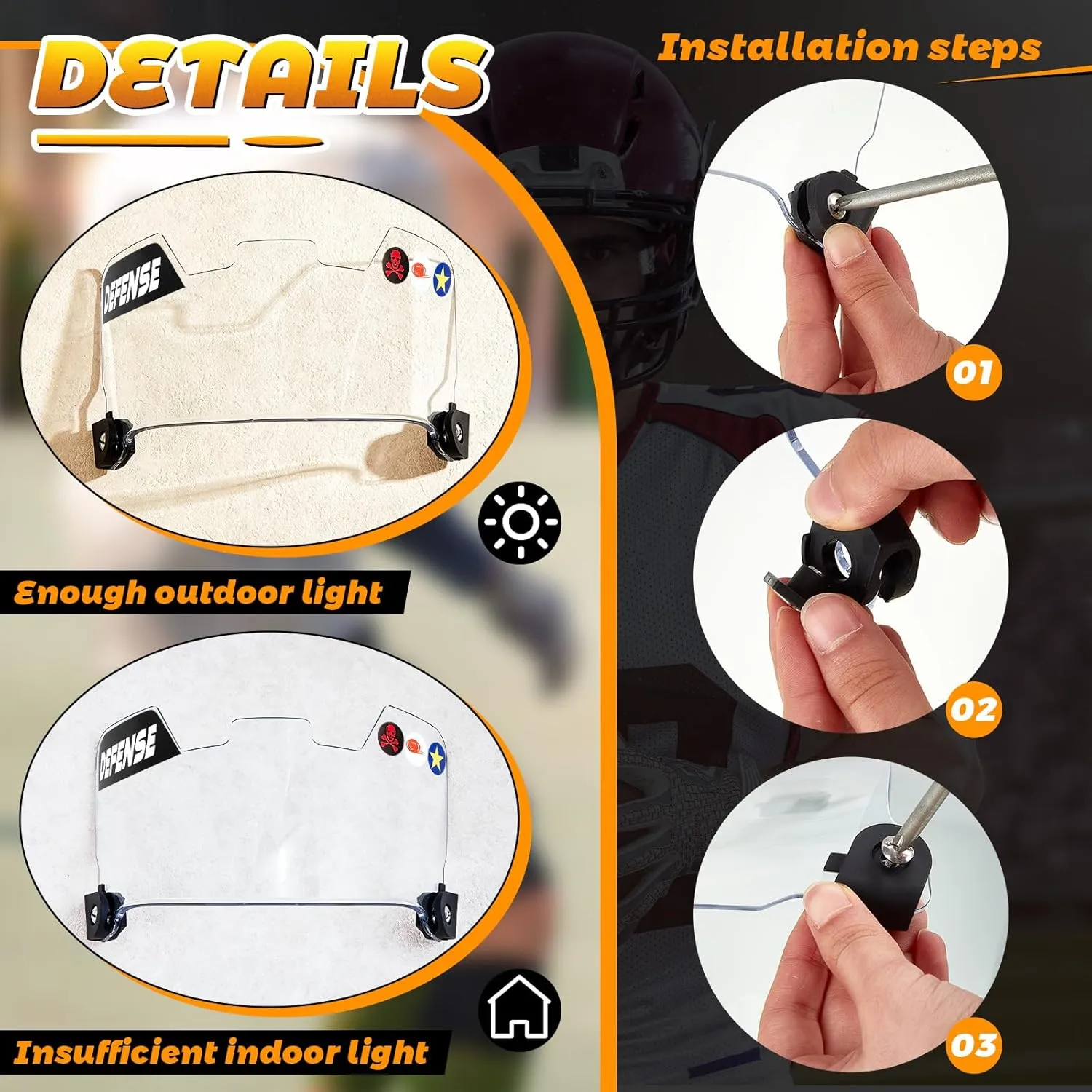 Universal Football Helmet Visor for Youth Adult Kids Football Visor for Helmet with 9 Set DIY Stickers and 2 Visor Clips Scratch Resistant Fog Lacrosse Football Eye-Shield Visor