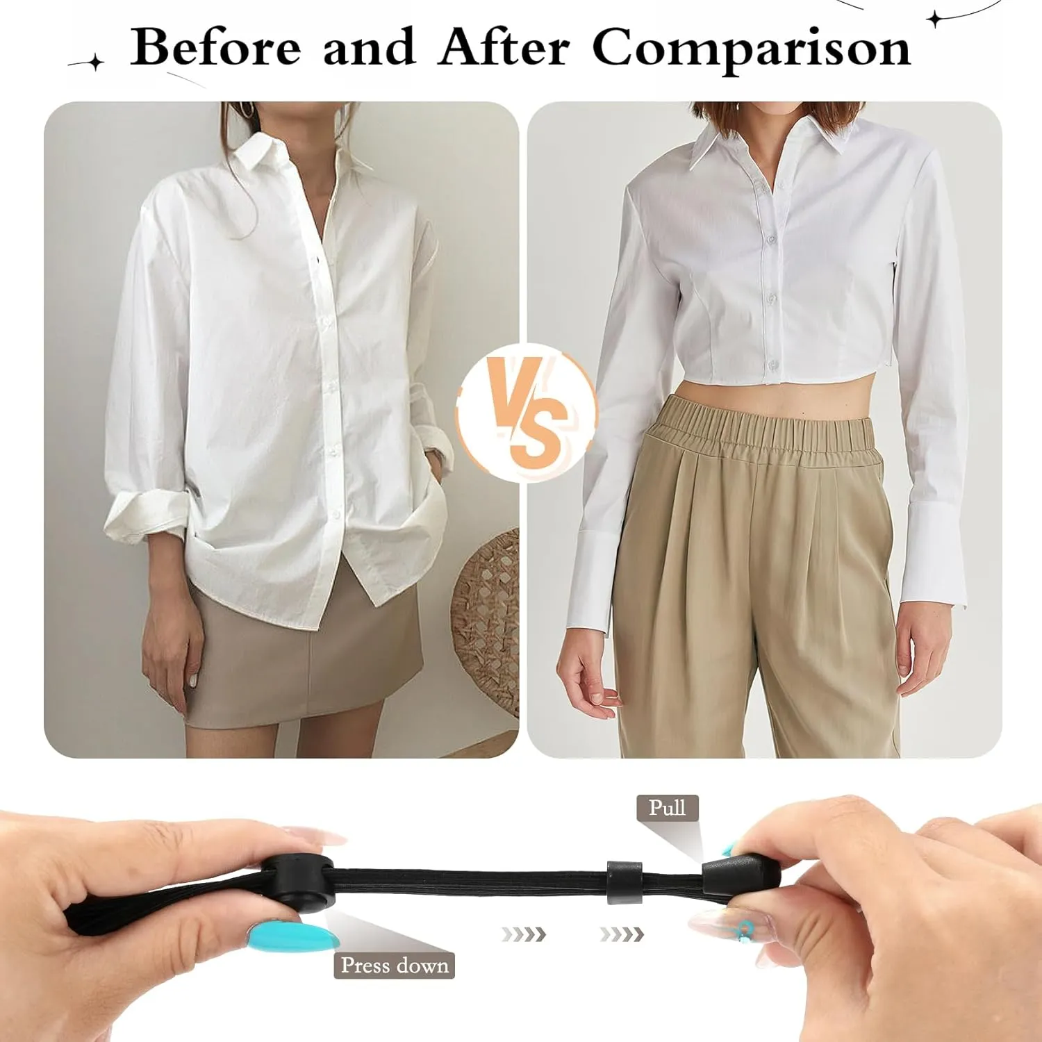 WHIPPY 2Pack Tuck Band Tool for Women Elastic Stretch Belts Tucking Shirts Sweater Cropping Belt Adjustable Crop Band for Top