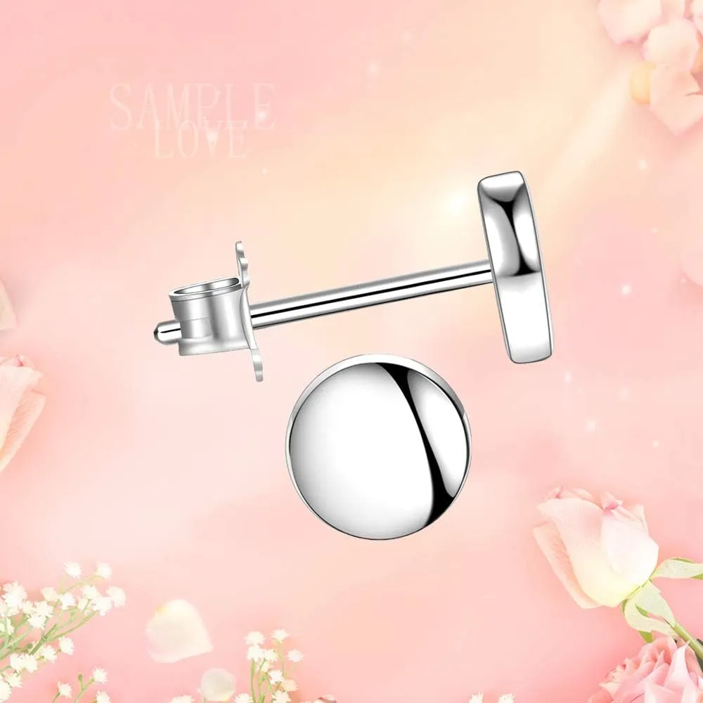 White Gold Plated Sterling Silver Dot Stud Earrings 3mm-10mm Options, Flat Round Disc Studs Hypoallergenic Jewelry