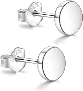 White Gold Plated Sterling Silver Dot Stud Earrings 3mm-10mm Options, Flat Round Disc Studs Hypoallergenic Jewelry