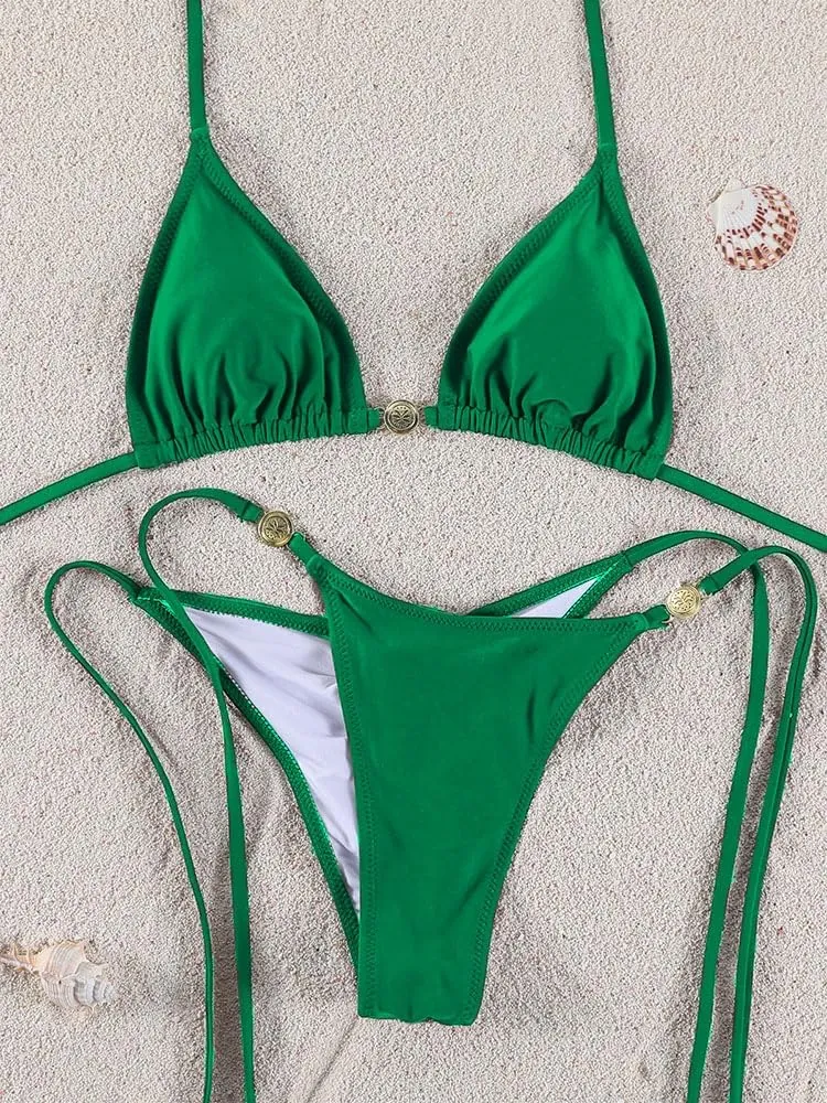 Women Thong Bikini Sets String Halter Two Piece Sexy Swimsuit Cheeky Solid Color Bathing Suit