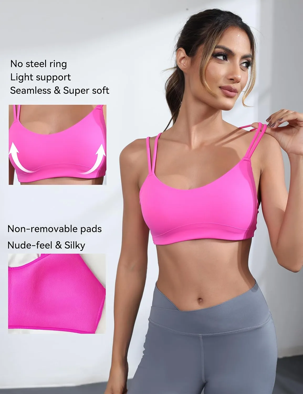 Yoga Sports Workout Bras for Women Seamless Molded Cup Spaghetti Double Strap Bra Wirefree Scoop Neck Tank Top Bras