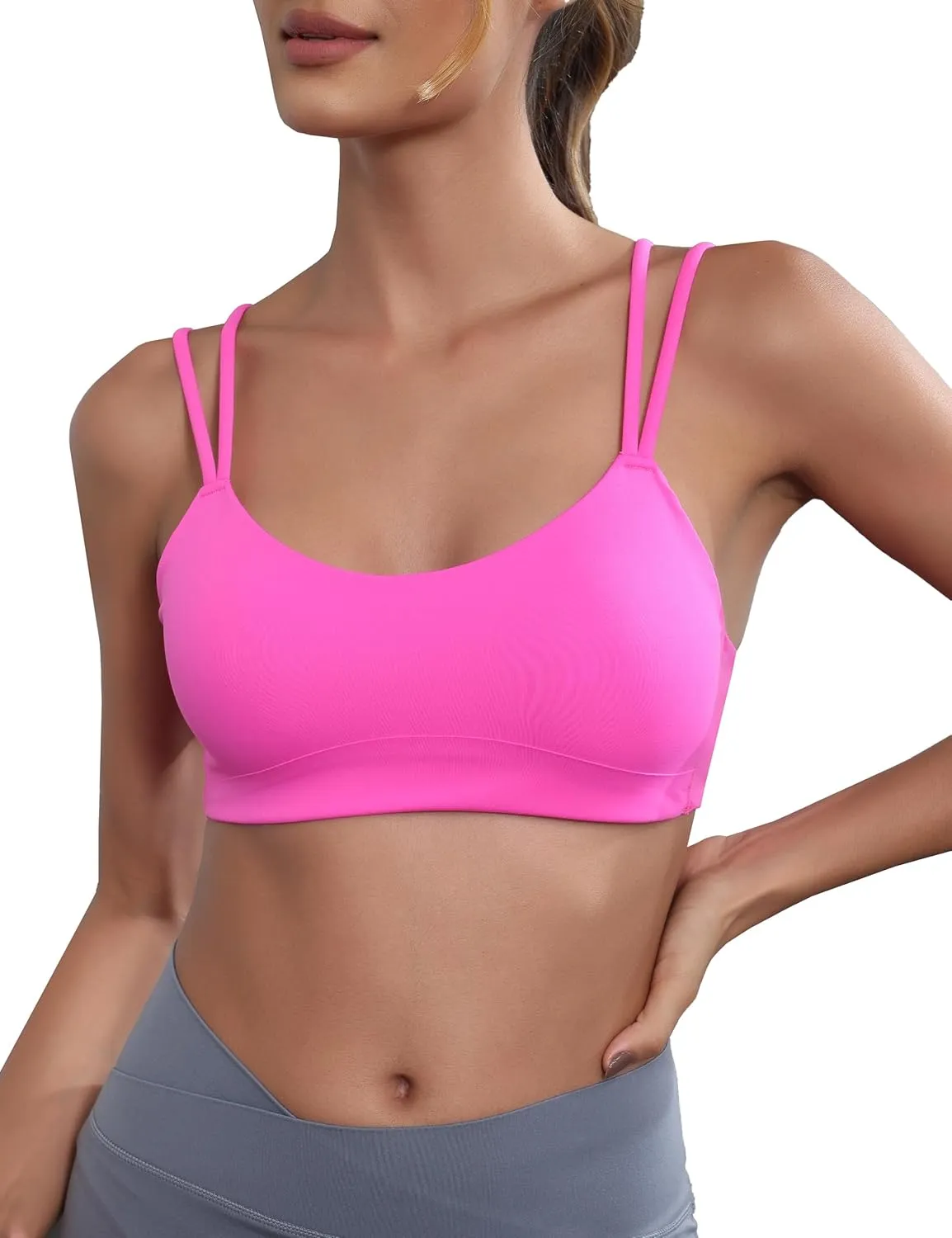 Yoga Sports Workout Bras for Women Seamless Molded Cup Spaghetti Double Strap Bra Wirefree Scoop Neck Tank Top Bras